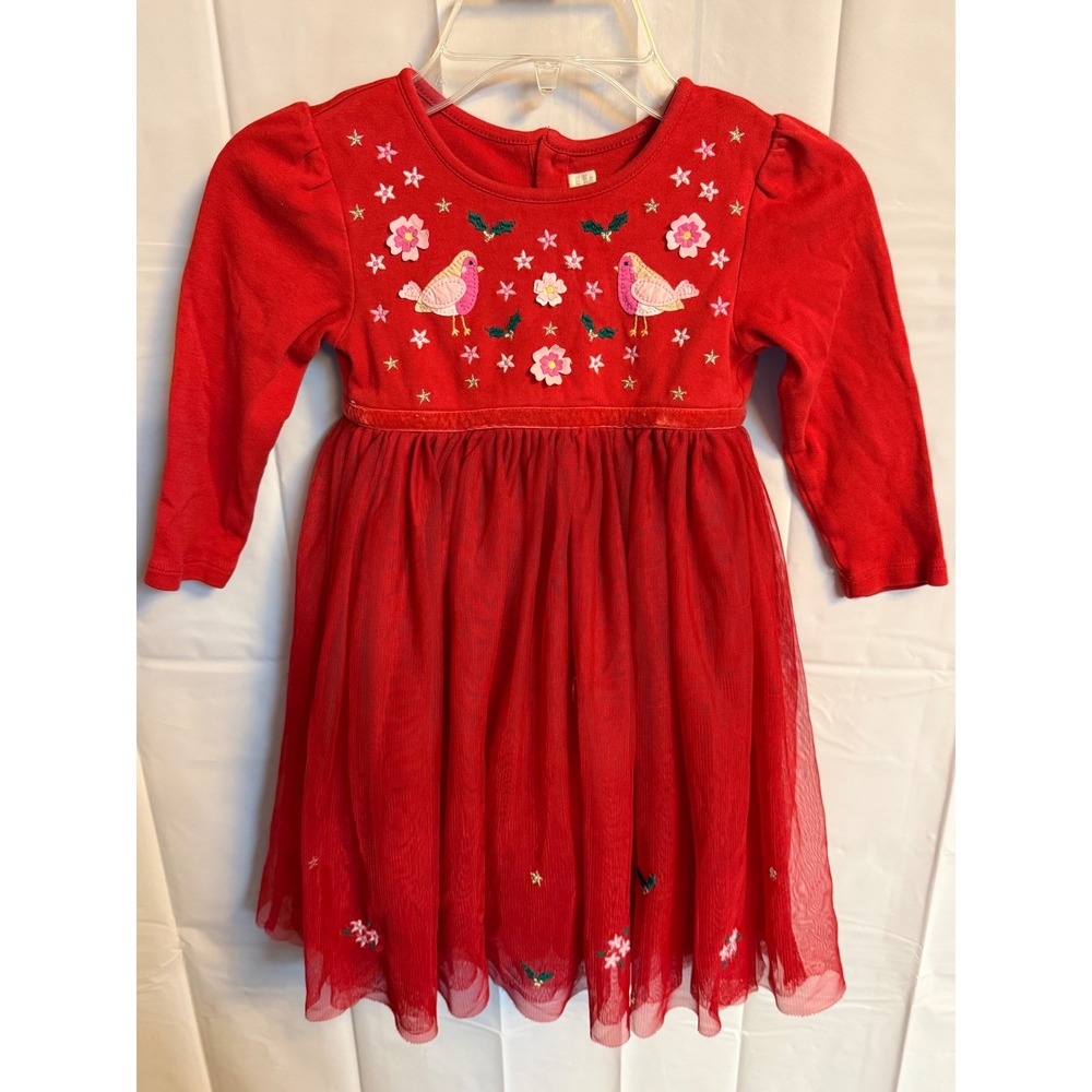 JoJo Maman‎ Bebe Girls Red Bird Flower Tulle Dress 2-3 Years